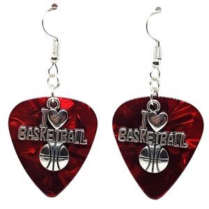 I Love Basketball Charm on Guitar Pick Earrings - Choose Color - Handmade in USA